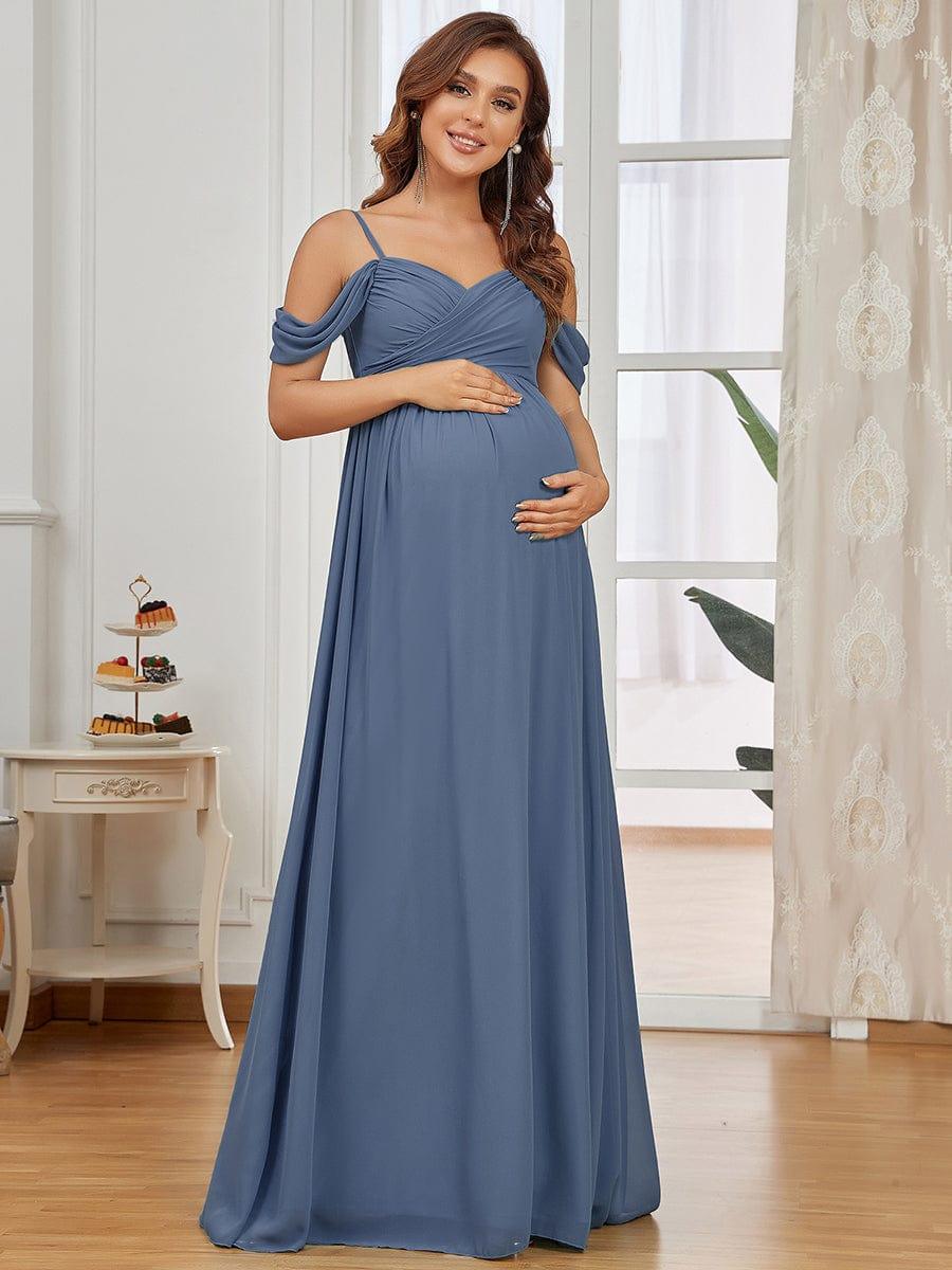 Off The Shoulder Spaghetti Straps Solid Maxi Maternity Dress #color_Dusty Blue