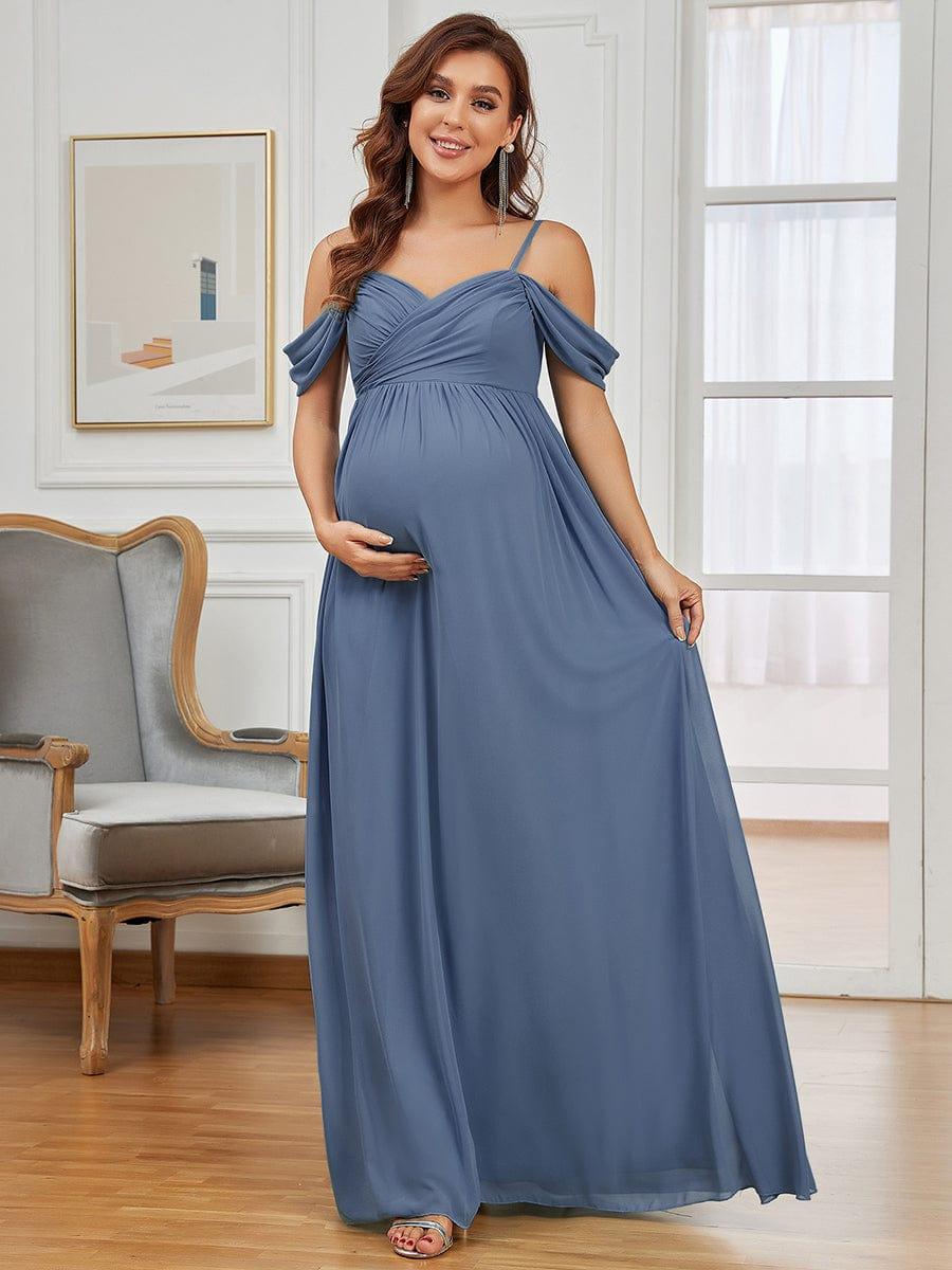 Off The Shoulder Spaghetti Straps Solid Maxi Maternity Dress #color_Dusty Blue