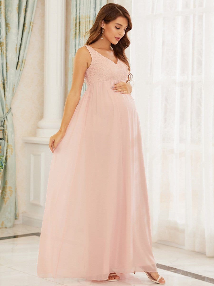 Sleeveless Embroidered Maxi Long Maternity Dress #color_Pink Sleeveless Embroidered Maxi Long Maternity Dress