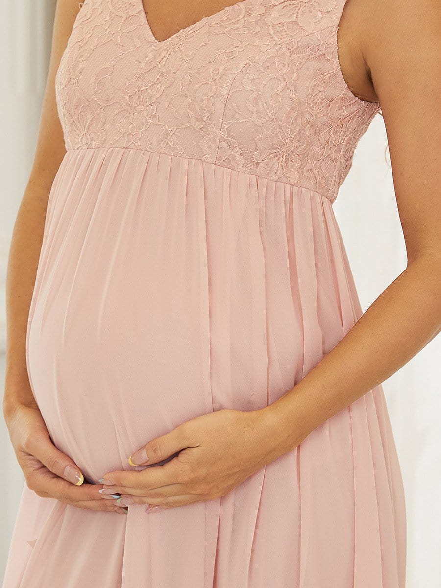 Sleeveless Embroidered Maxi Long Maternity Dress #color_Pink Sleeveless Embroidered Maxi Long Maternity Dress