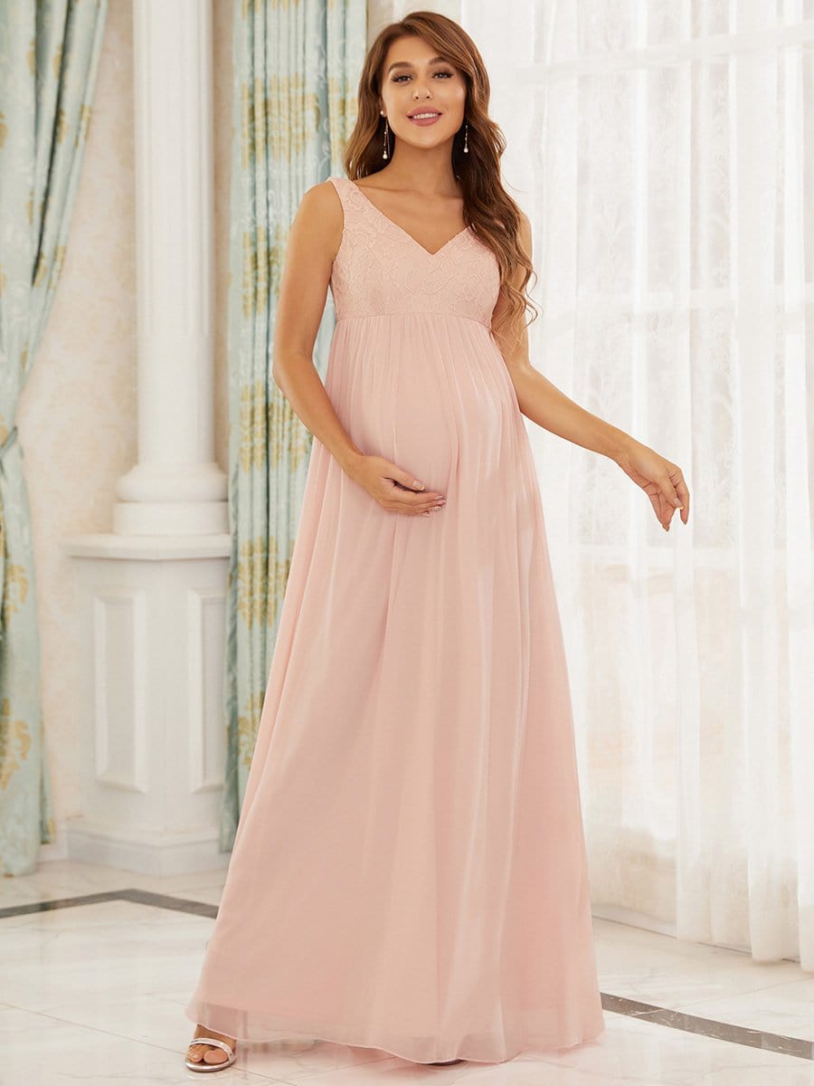 Sleeveless Embroidered Maxi Long Maternity Dress #color_Pink Sleeveless Embroidered Maxi Long Maternity Dress