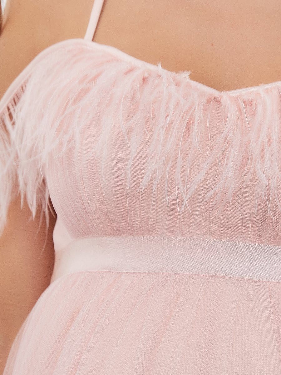 Cold Shoulder Feathers A Line Maternity Dress #color_Pink Cold Shoulder Feathers A Line Maternity Dress