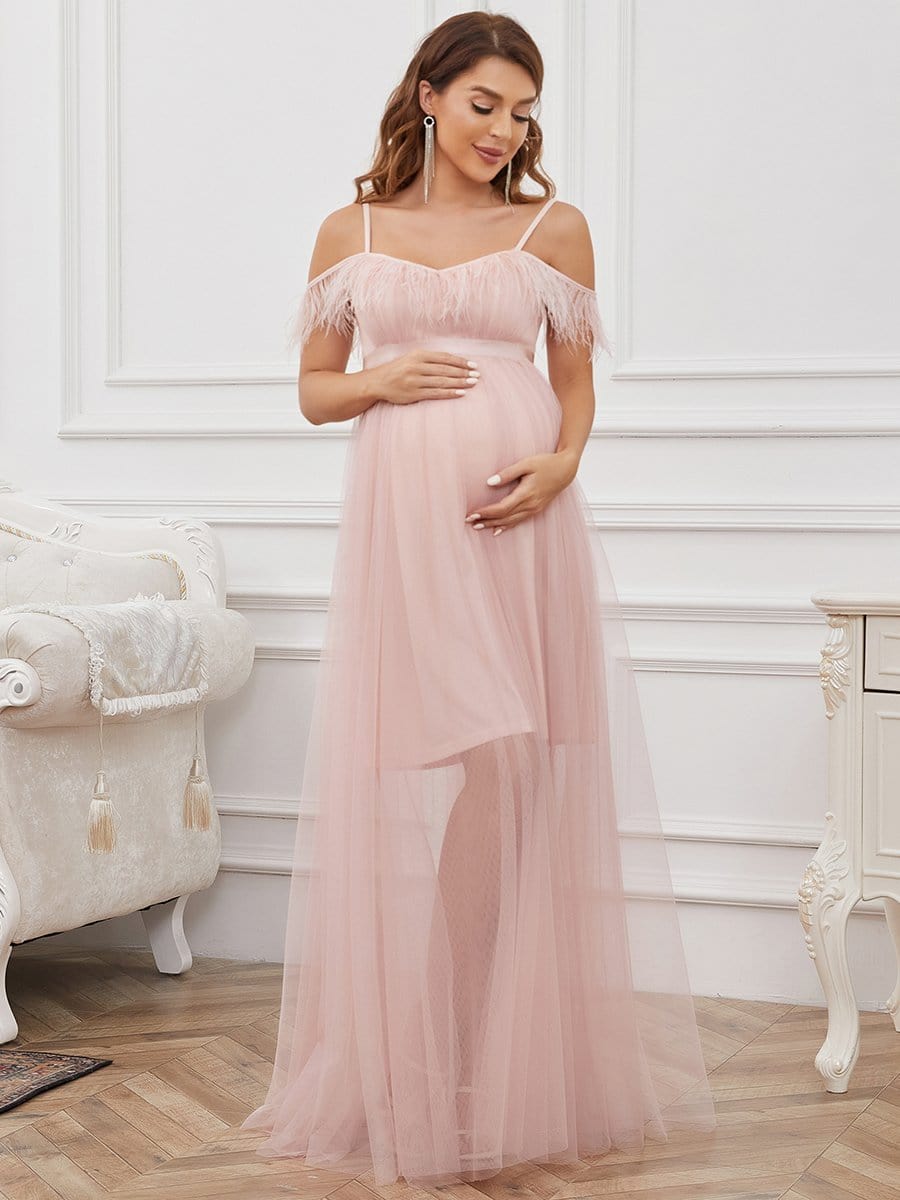 Cold Shoulder Feathers A Line Maternity Dress #color_Pink Cold Shoulder Feathers A Line Maternity Dress