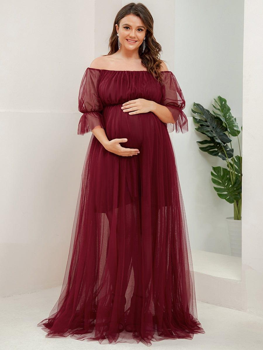 Off the Shoulder Pleated Tulle Maxi Maternity Dress #color_Burgundy