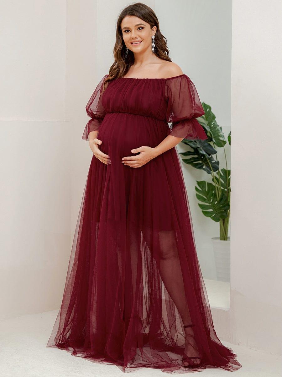 Plus Size Off the Shoulder Pleated Maxi Tulle Maternity Dress #color_Burgundy