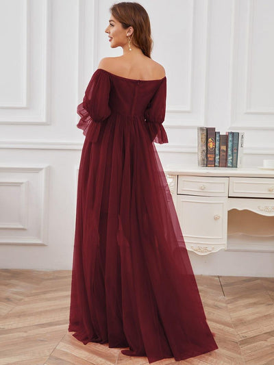 Off the Shoulder Pleated Tulle Maxi Maternity Dress #color_Burgundy
