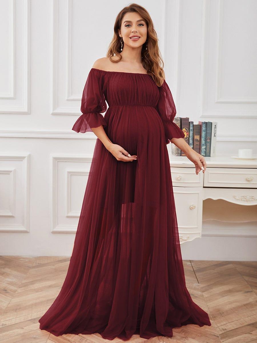 Off the Shoulder Pleated Tulle Maxi Maternity Dress #color_Burgundy