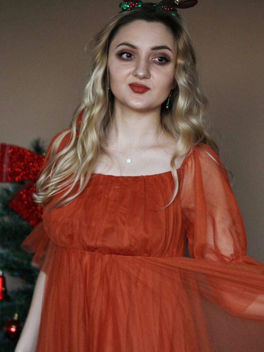 Off the Shoulder Pleated Tulle Maxi Maternity Dress #color_Burnt Orange