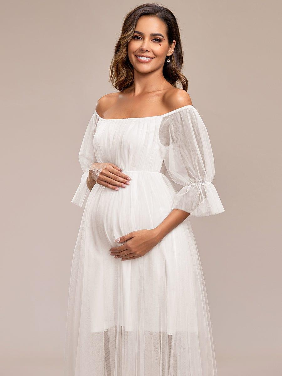 Off the Shoulder Pleated Tulle Maxi Maternity Dress #color_Cream