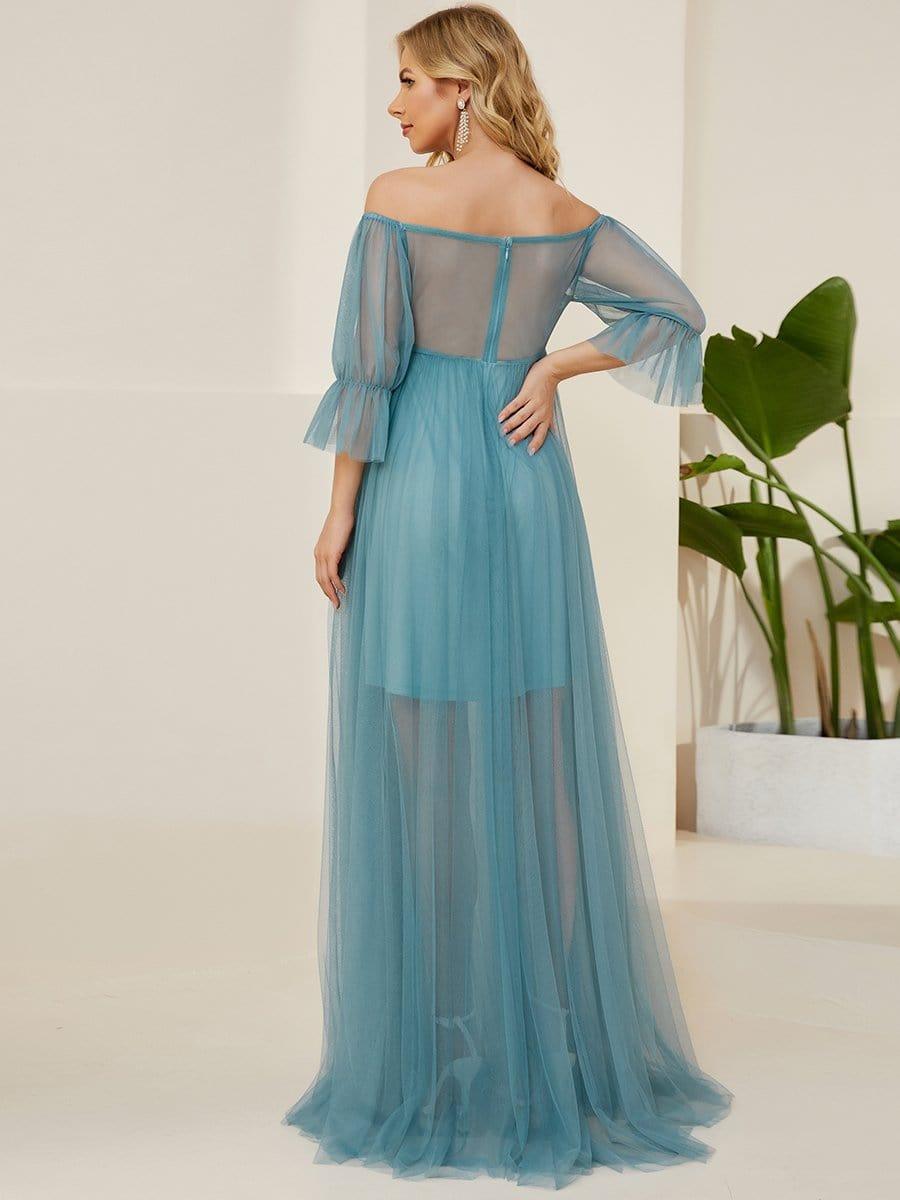 Off the Shoulder Pleated Tulle Maxi Maternity Dress #color_Light Teal