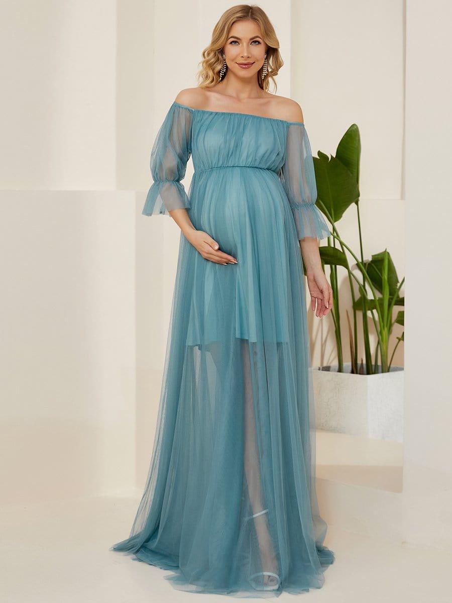 Off the Shoulder Pleated Tulle Maxi Maternity Dress #color_Light Teal