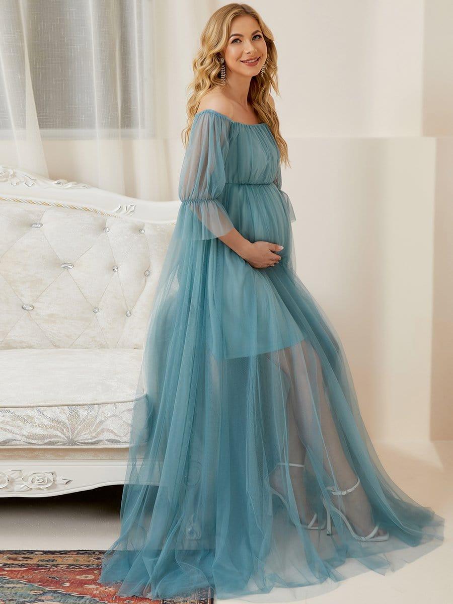 Off the Shoulder Pleated Tulle Maxi Maternity Dress #color_Light Teal