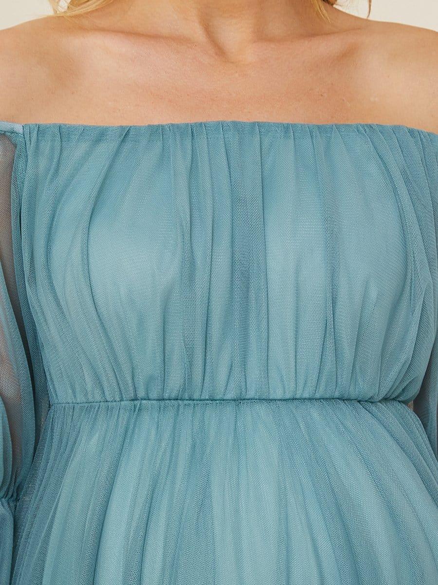 Off the Shoulder Pleated Tulle Maxi Maternity Dress #color_Light Teal