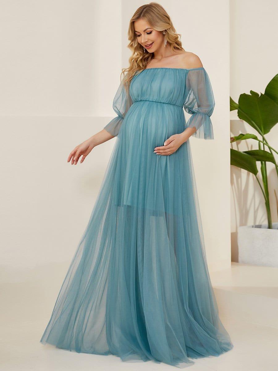 Off the Shoulder Pleated Tulle Maxi Maternity Dress #color_Light Teal
