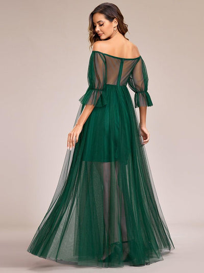 Off the Shoulder Pleated Tulle Maxi Maternity Dress #color_Dark Green