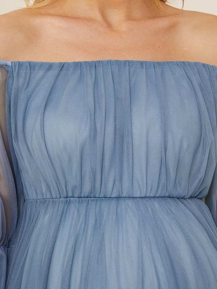 Off the Shoulder Pleated Tulle Maxi Maternity Wedding Guest Dress #color_Dusty Blue
