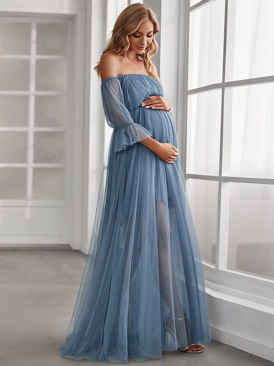 Off the Shoulder Pleated Tulle Maxi Maternity Wedding Guest Dress #color_Dusty Blue