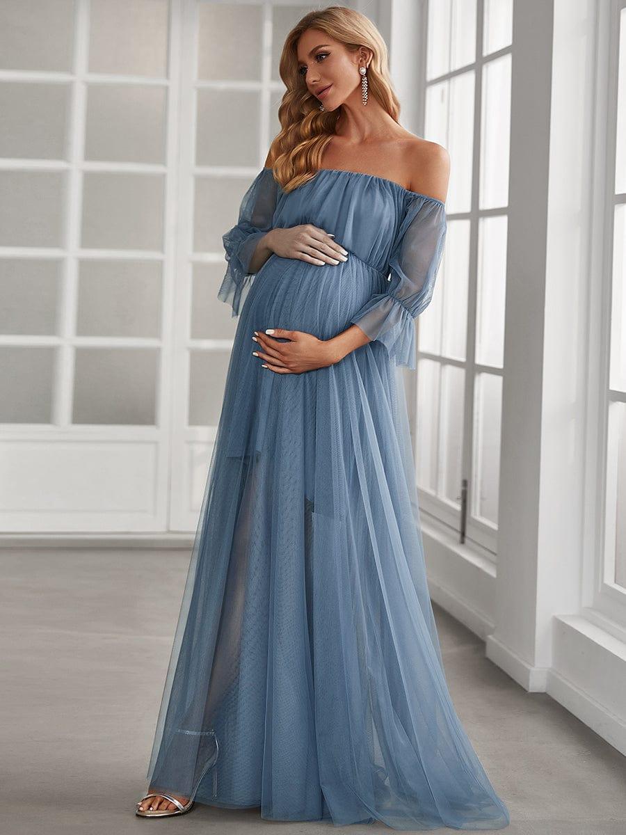 Off the Shoulder Pleated Tulle Maxi Maternity Wedding Guest Dress #color_Dusty Blue