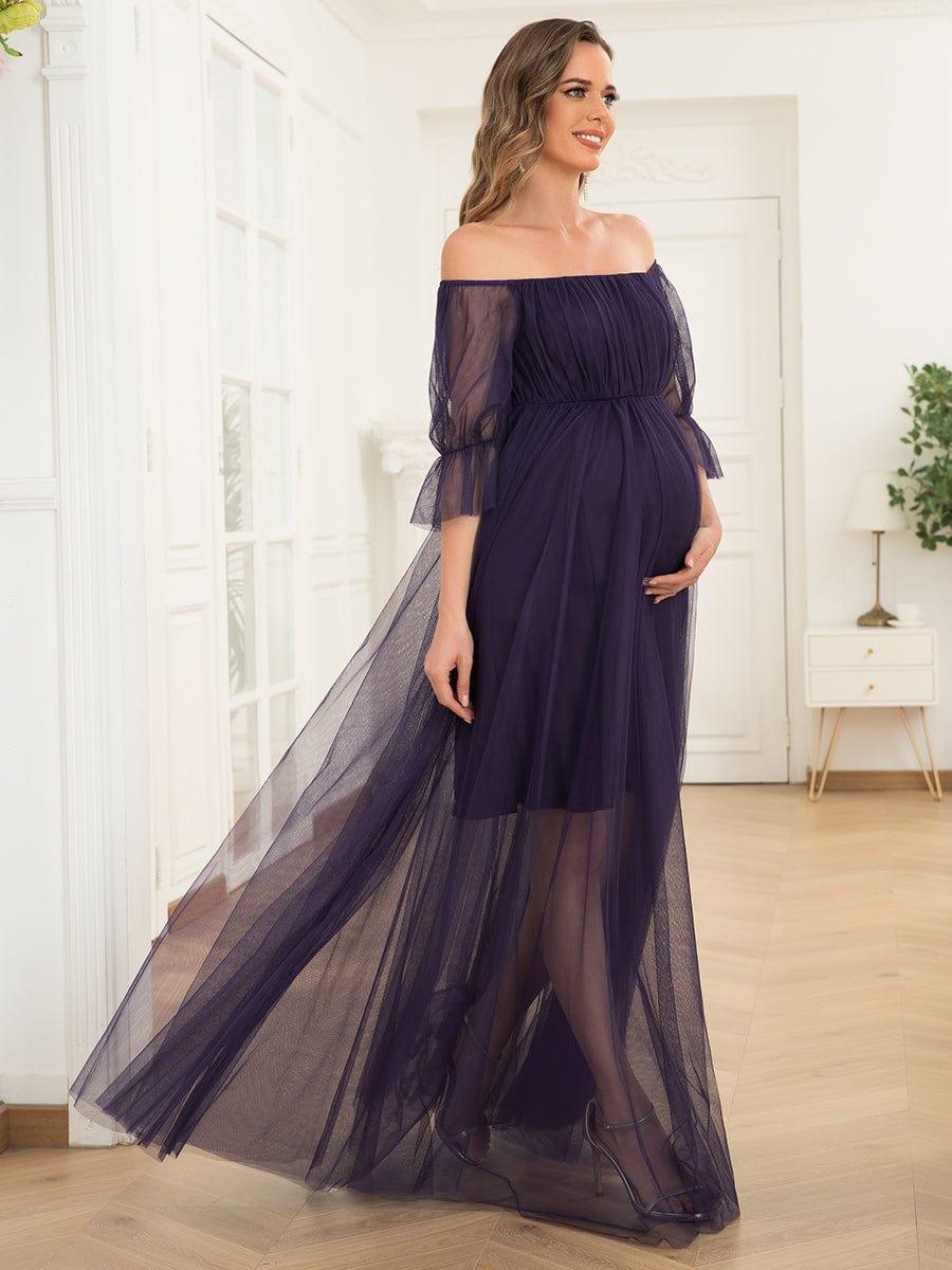 Off the Shoulder Pleated Tulle Maxi Maternity Dress #color_Dark Purple
