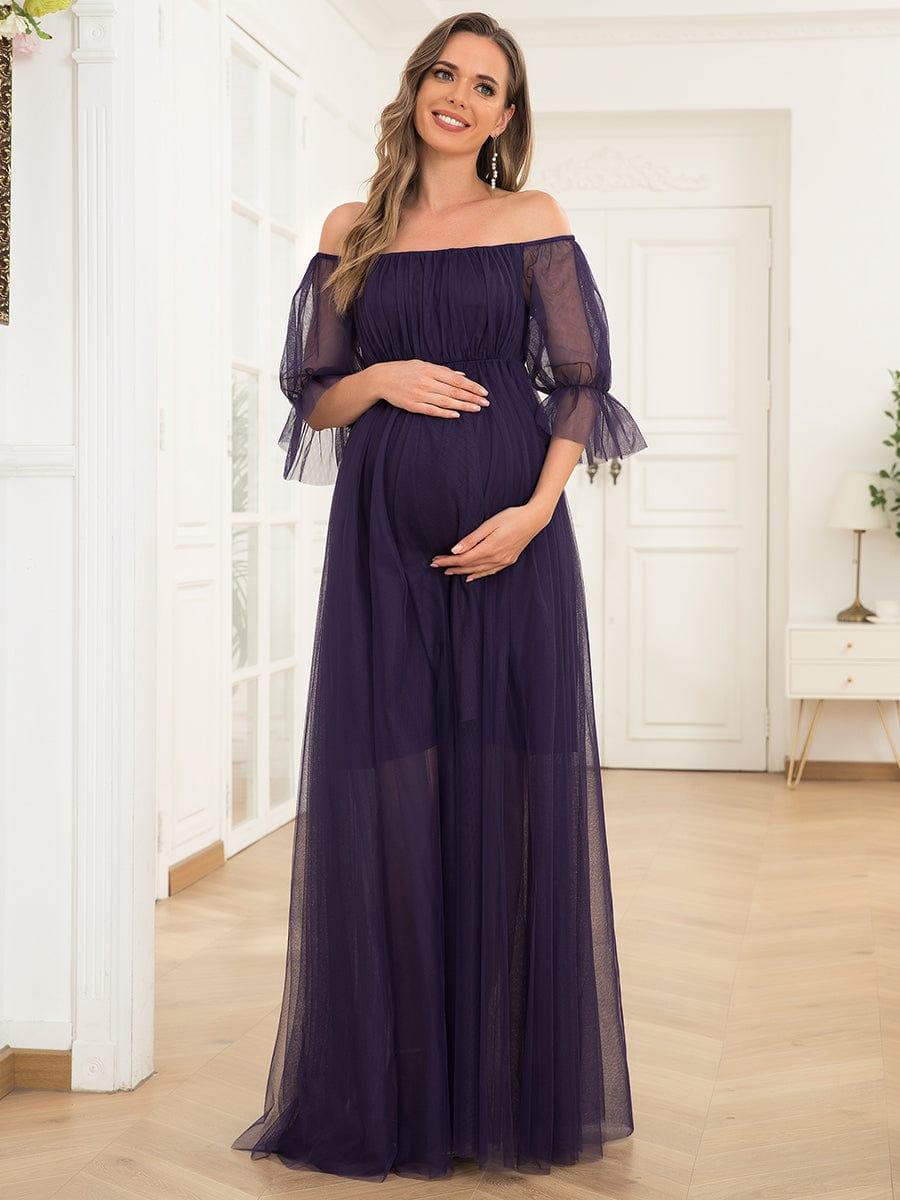Off the Shoulder Pleated Tulle Maxi Maternity Dress #color_Dark Purple