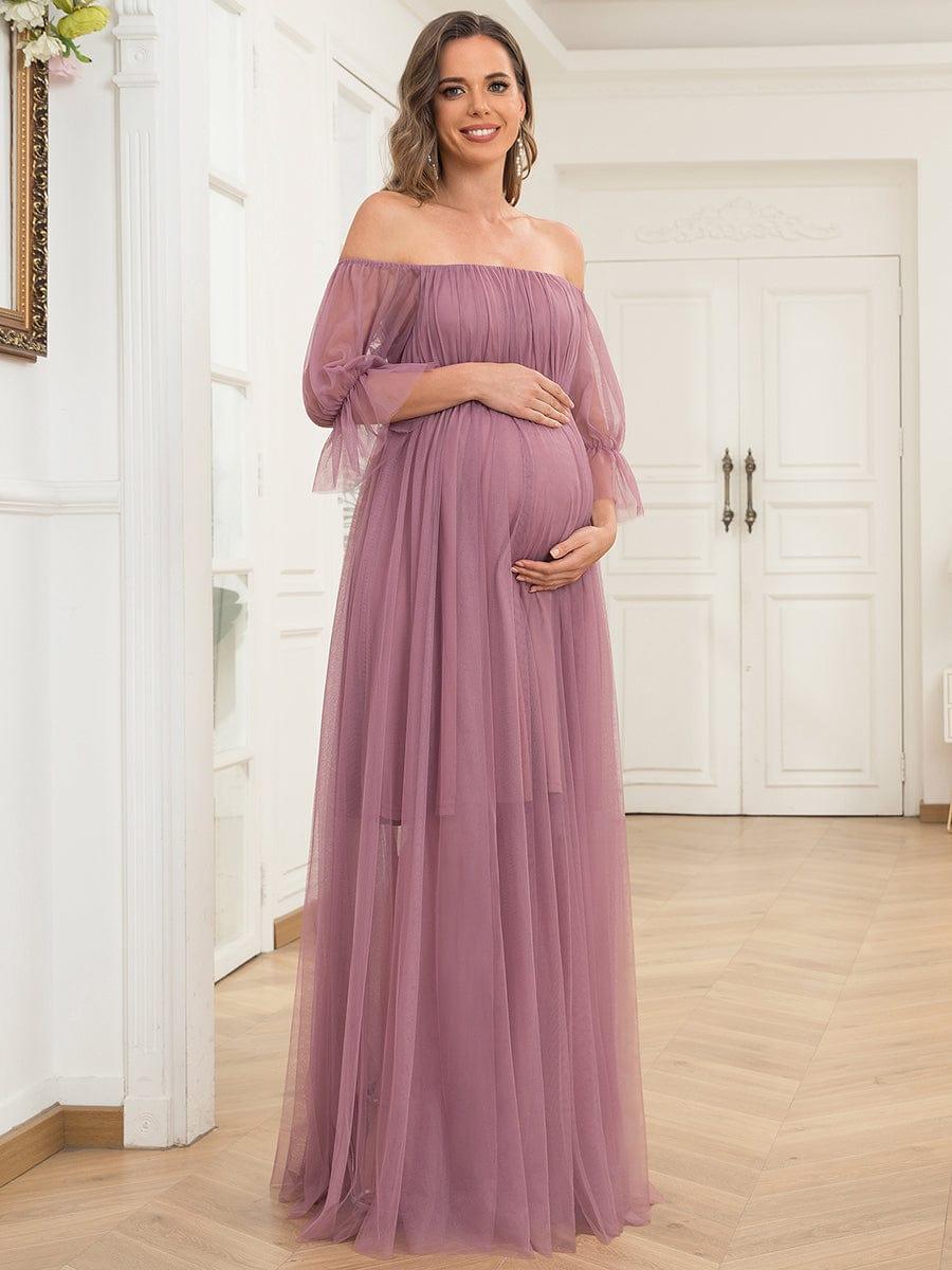 Off the Shoulder Pleated Tulle Maxi Maternity Dress #color_Purple Orchid