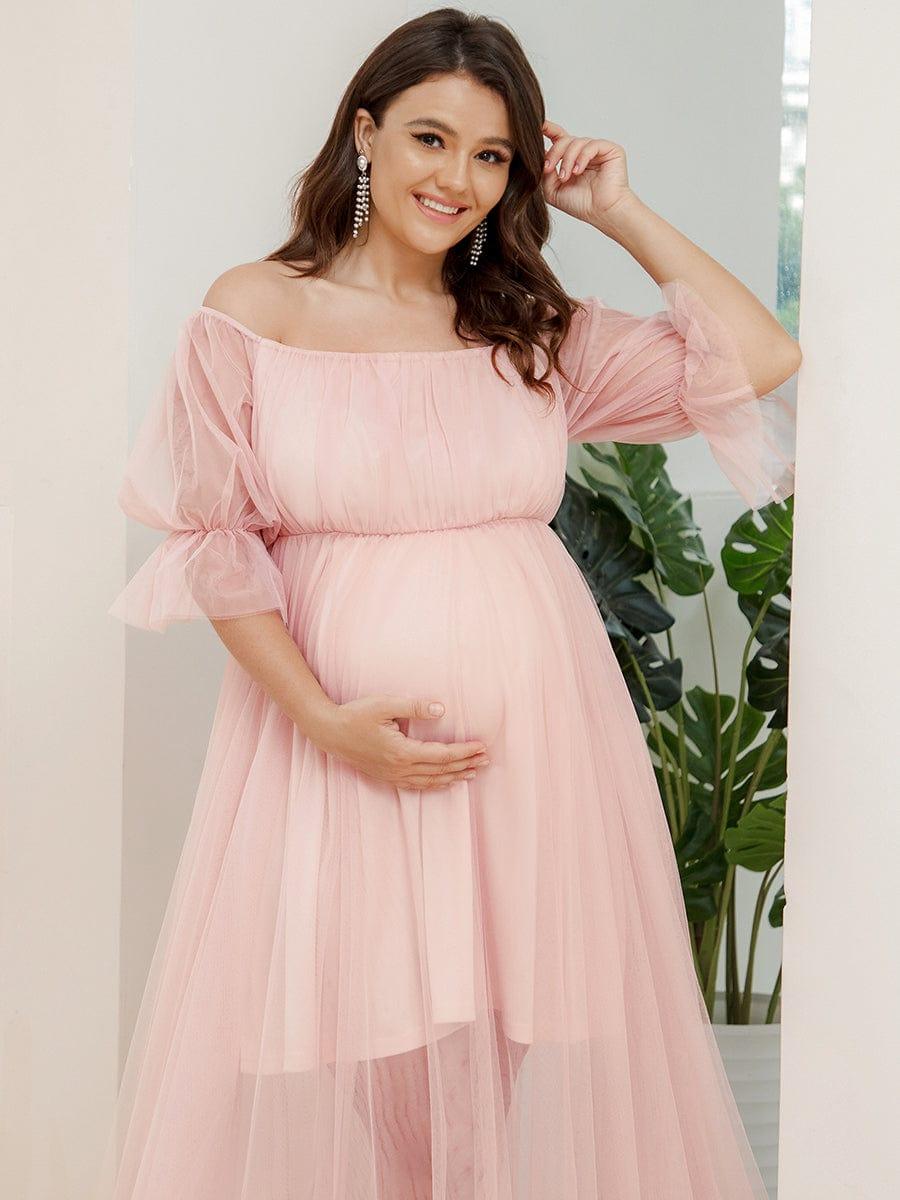 Plus Size Off the Shoulder Pleated Maxi Tulle Maternity Dress #color_Pink