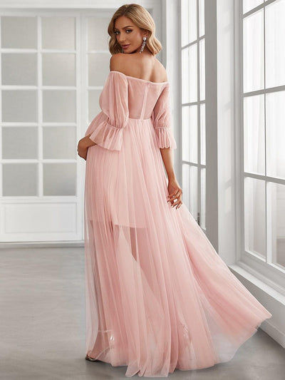 Off the Shoulder Pleated Tulle Maxi Maternity Wedding Guest Dress #color_Pink