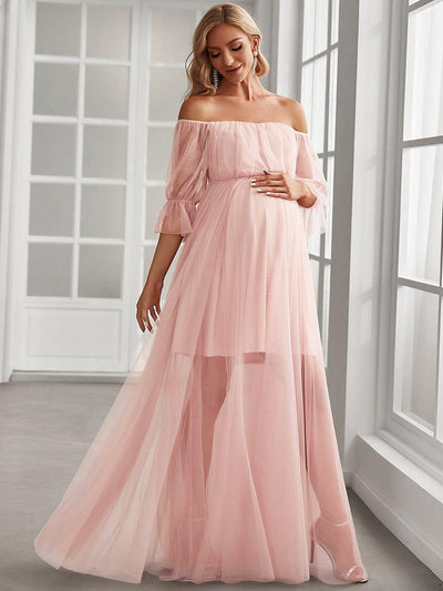 Off the Shoulder Pleated Tulle Maxi Maternity Wedding Guest Dress #color_Pink