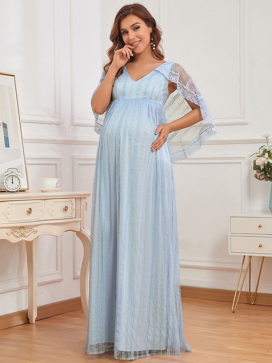 Sheer Lace Capelet Maternity Dress #color_Ice Blue Sheer Lace Capelet Maternity Dress