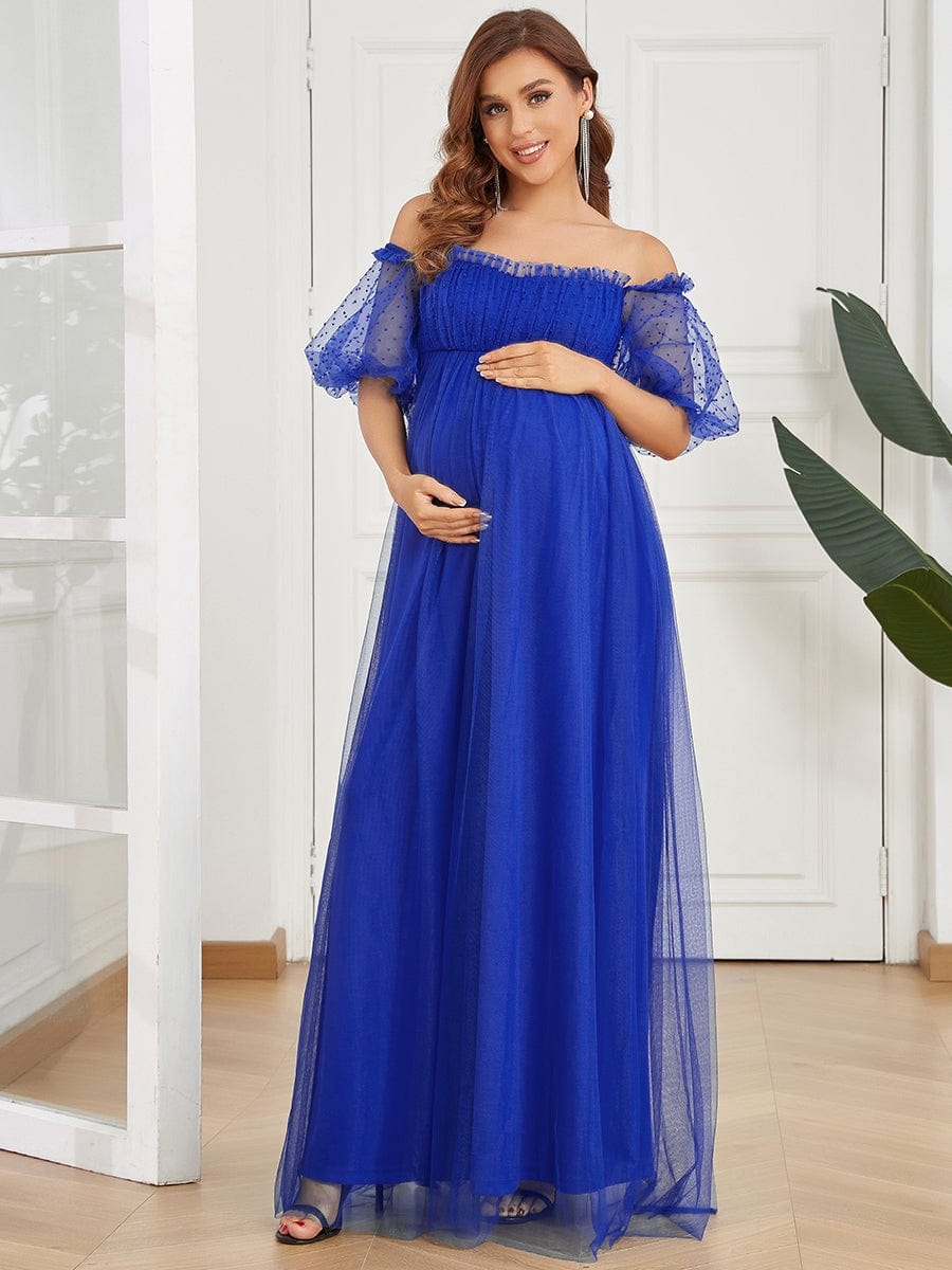 Off Shoulder Sheer Floor Length Maternity Dress #color_Sapphire Blue Off Shoulder Sheer Floor Length Maternity Dress