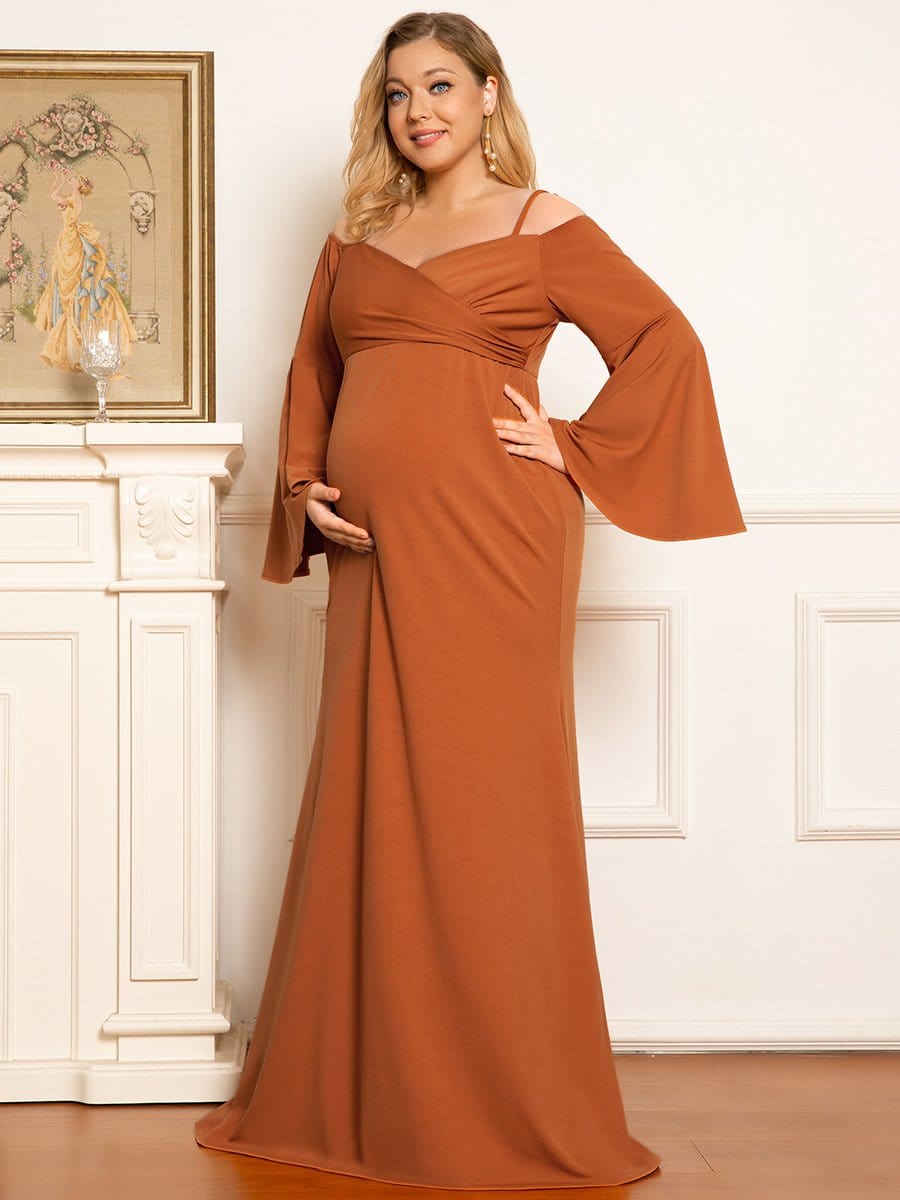 Plus Size Cold Shoulder Bell Sleeve Maxi Maternity Dress #color_Burnt Yellow Plus Size Cold Shoulder Bell Sleeve Maxi Maternity Dress
