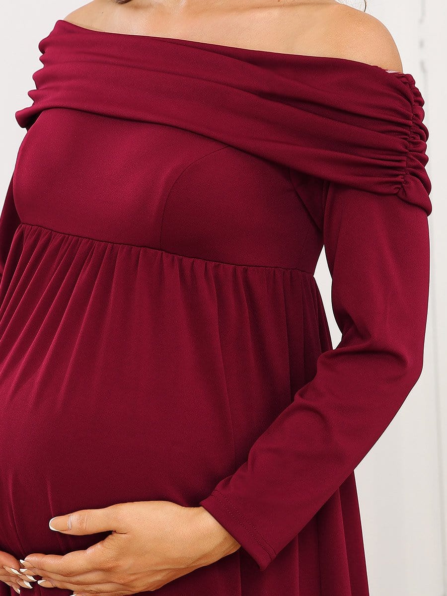 Long Sleeve Pleated Off Shoulder Maternity Dress