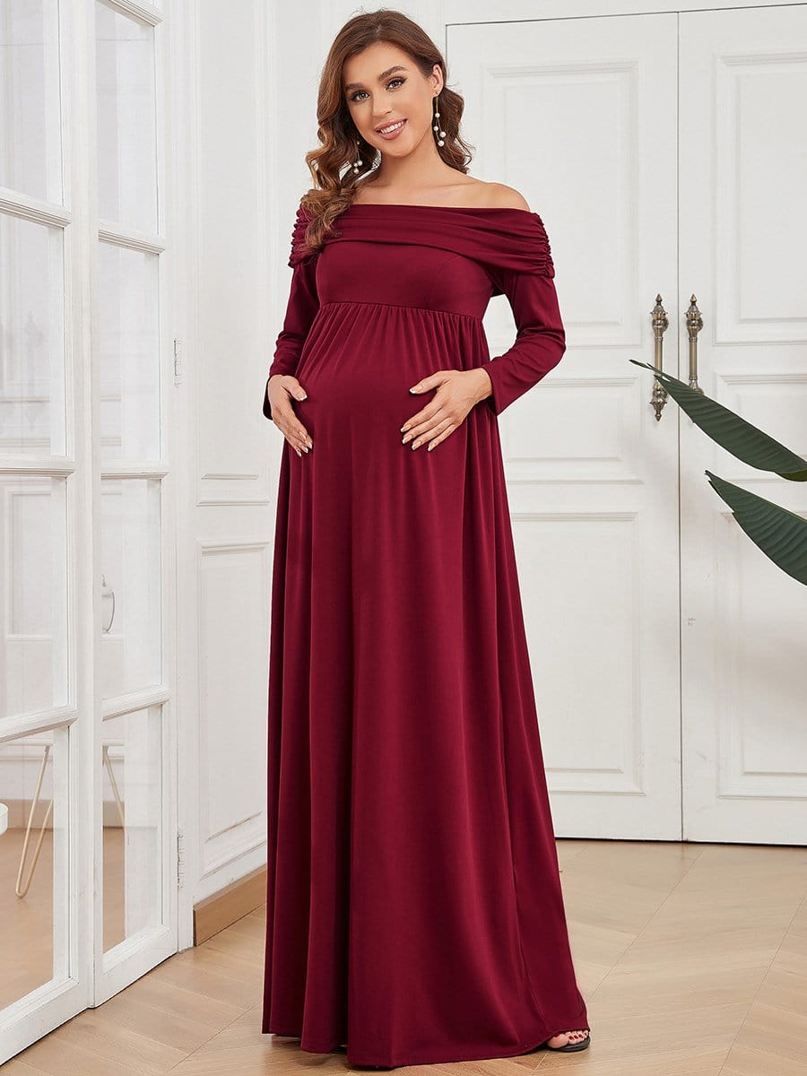 Long Sleeve Pleated Off Shoulder Maternity Dress #color_Burgundy Long Sleeve Pleated Off Shoulder Maternity Dress