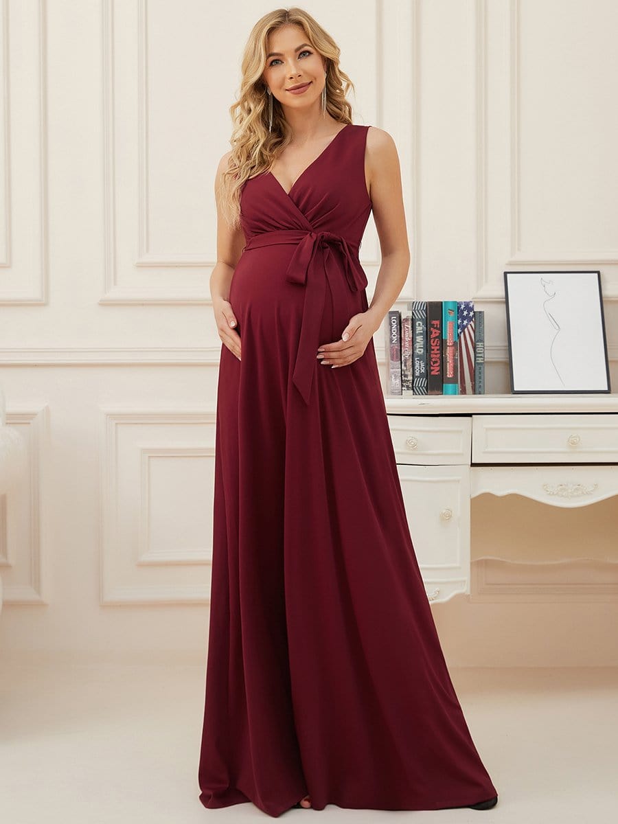 Sleeveless V-Neck Floor Length Maternity Dress #color_Burgundy Sleeveless V-Neck Floor Length Maternity Dress