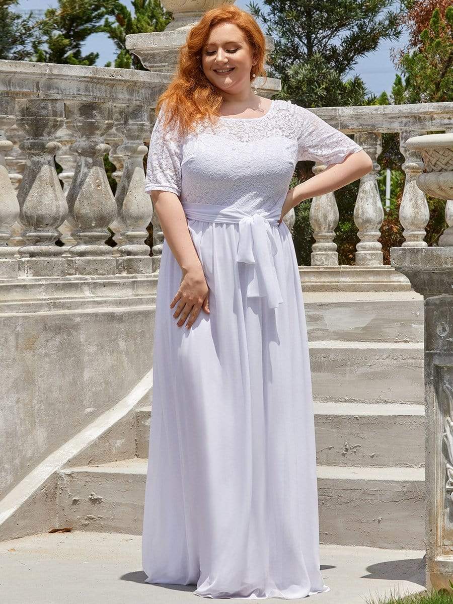 Plus Size Lace Bodice Belted Mother of the Bride Dress with Short Sleeves -  Ever-Pretty UK