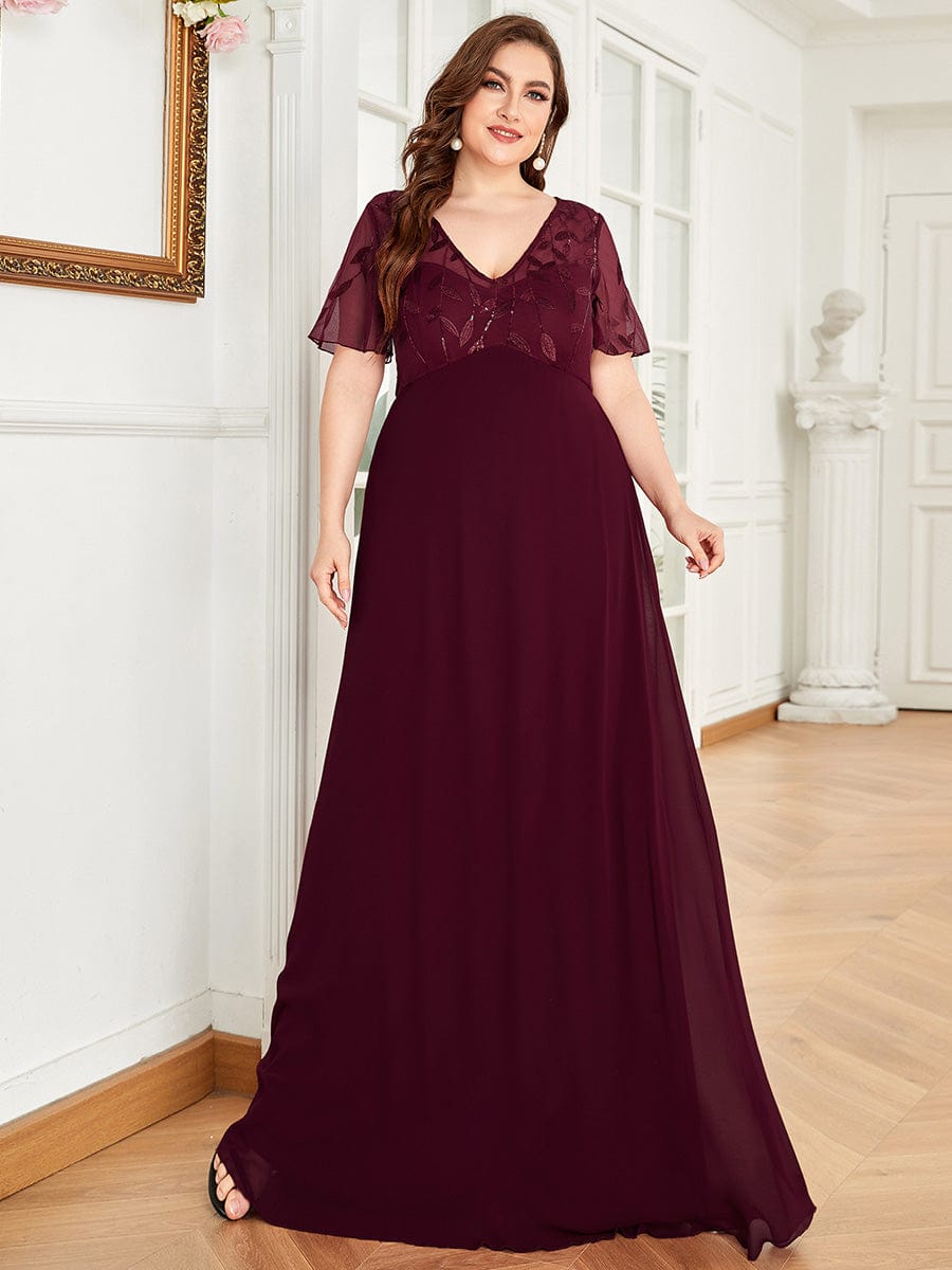 Plus Size Floral Sequin Print Evening Party Dresses with Cap Sleeve #color_Burgundy