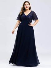 Plus Size Floral Sequin Print Evening Party Dresses with Cap Sleeve #color_Navy Blue