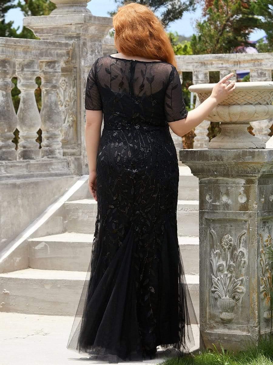Plus Size Sequin Leaf Long Mermaid Tulle Prom Dress #color_Black