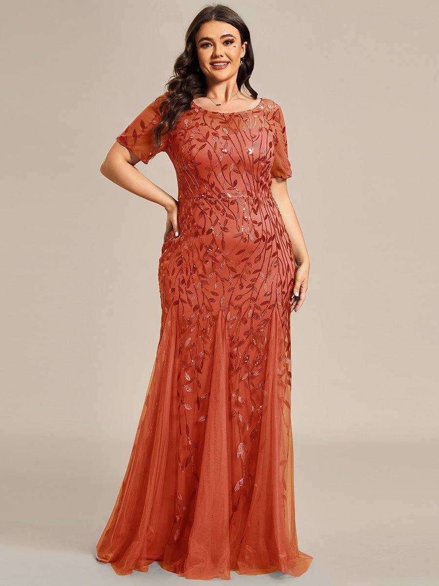 Plus Size Sequin Leaf Long Mermaid Tulle Prom Dress #color_Burnt Orange