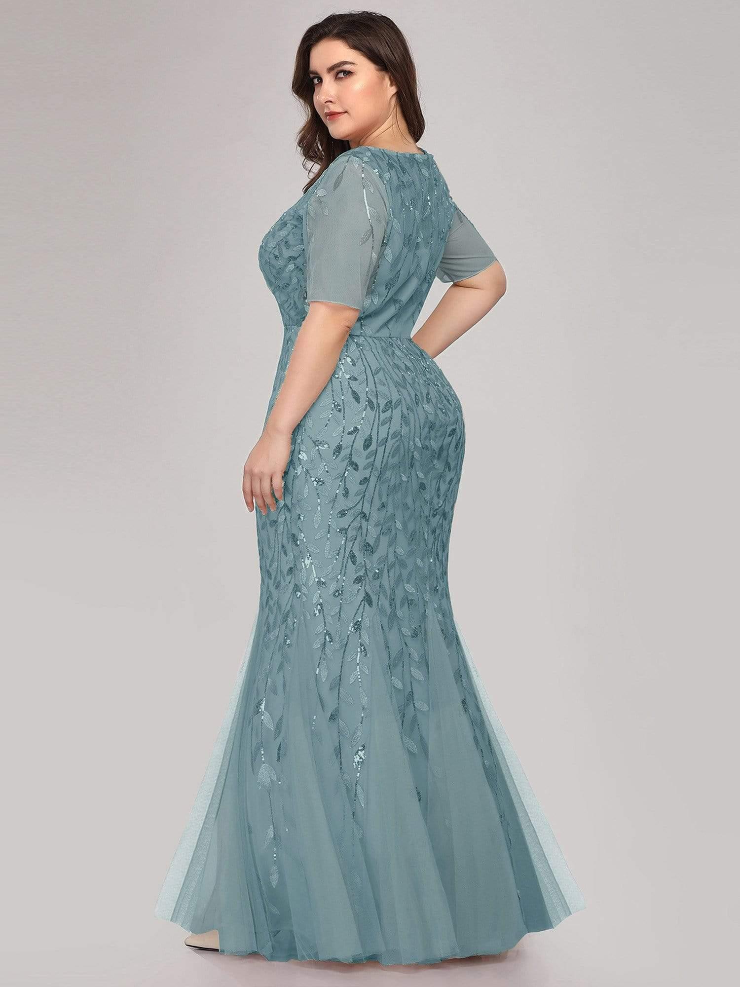 Plus Size Sequin Leaf Long Mermaid Tulle Prom Dress #color_Light Teal