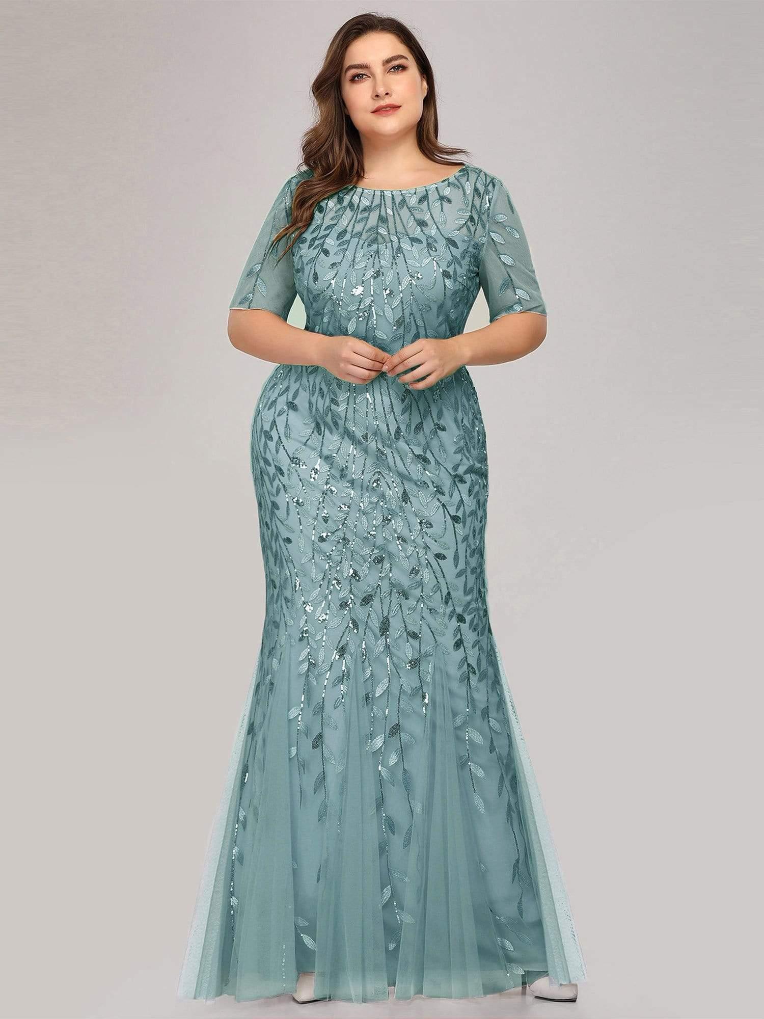 Plus Size Sequin Leaf Long Mermaid Tulle Prom Dress #color_Light Teal
