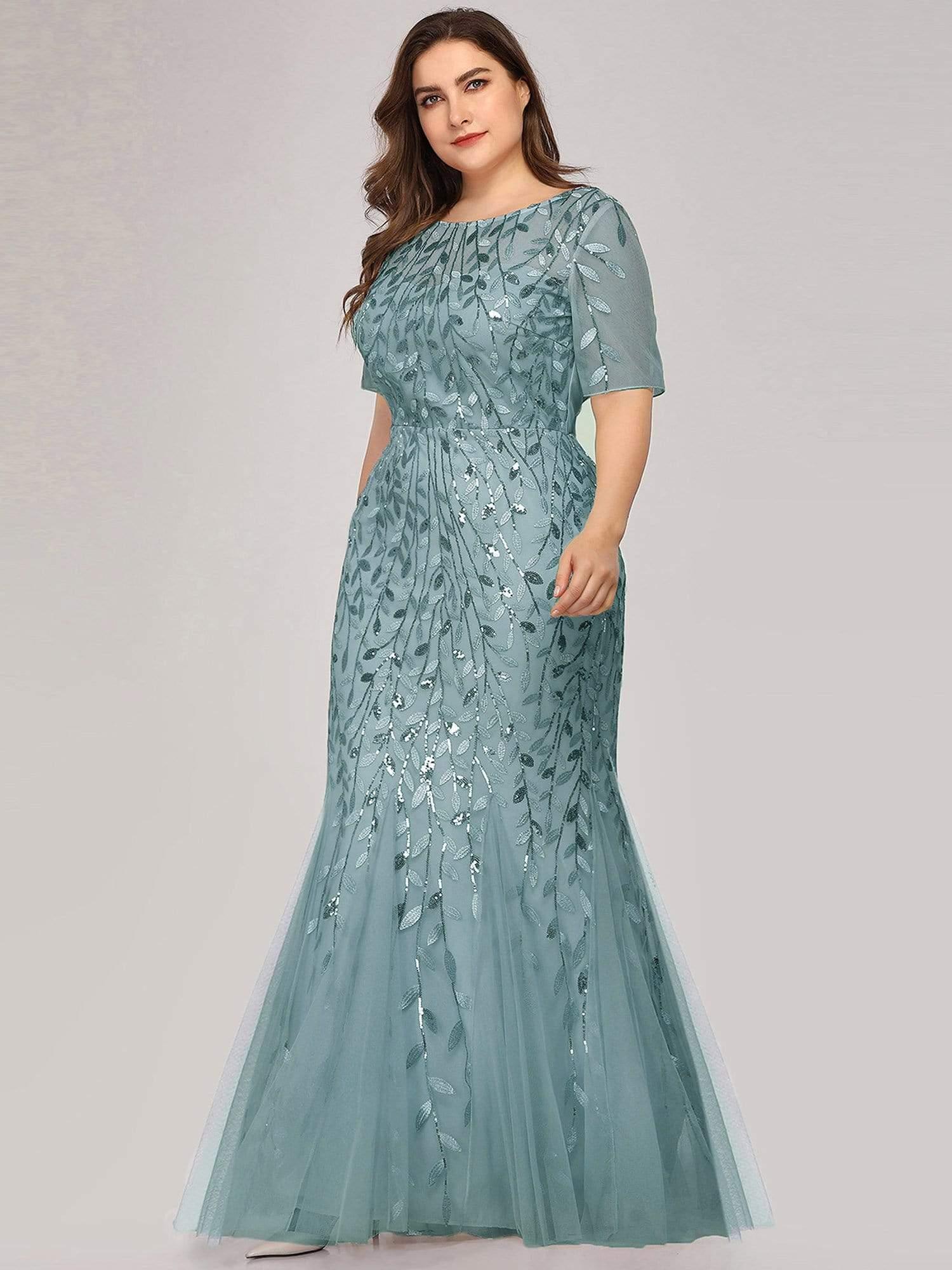 Plus Size Sequin Leaf Long Mermaid Tulle Prom Dress #color_Light Teal