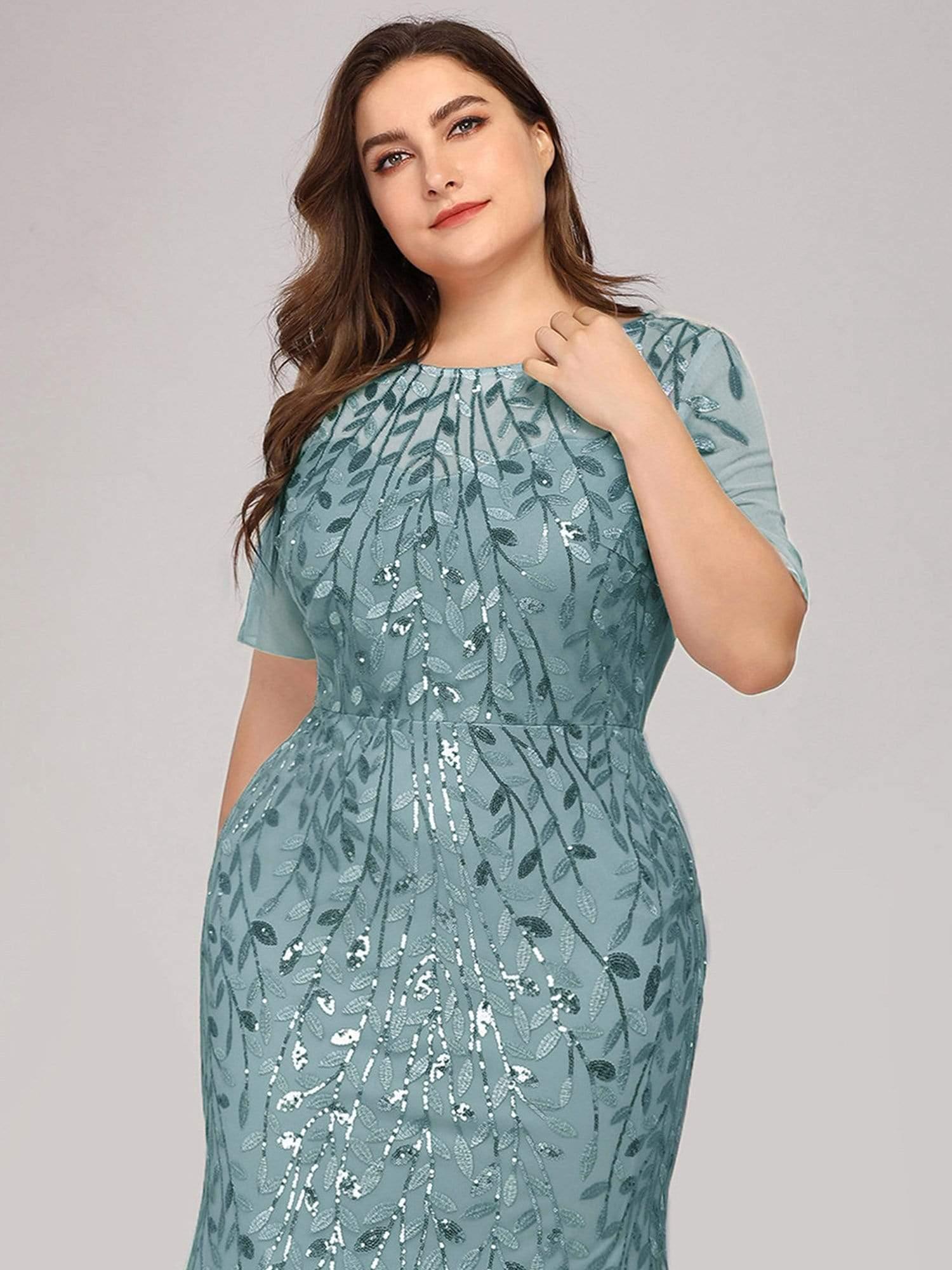 Plus Size Sequin Leaf Long Mermaid Tulle Prom Dress #color_Light Teal