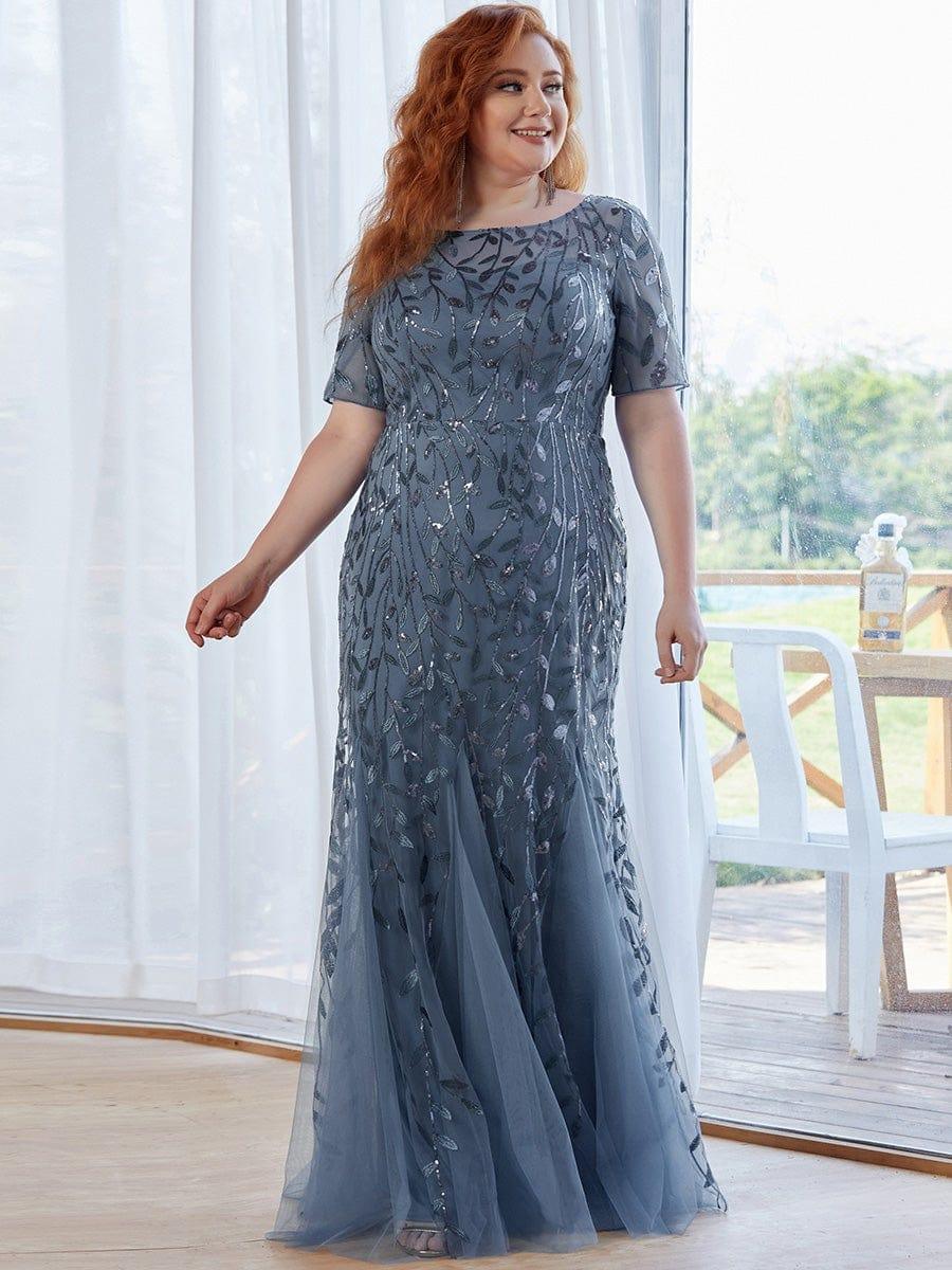 Plus Size Sequin Leaf Long Mermaid Tulle Prom Dress #color_Dusty Blue