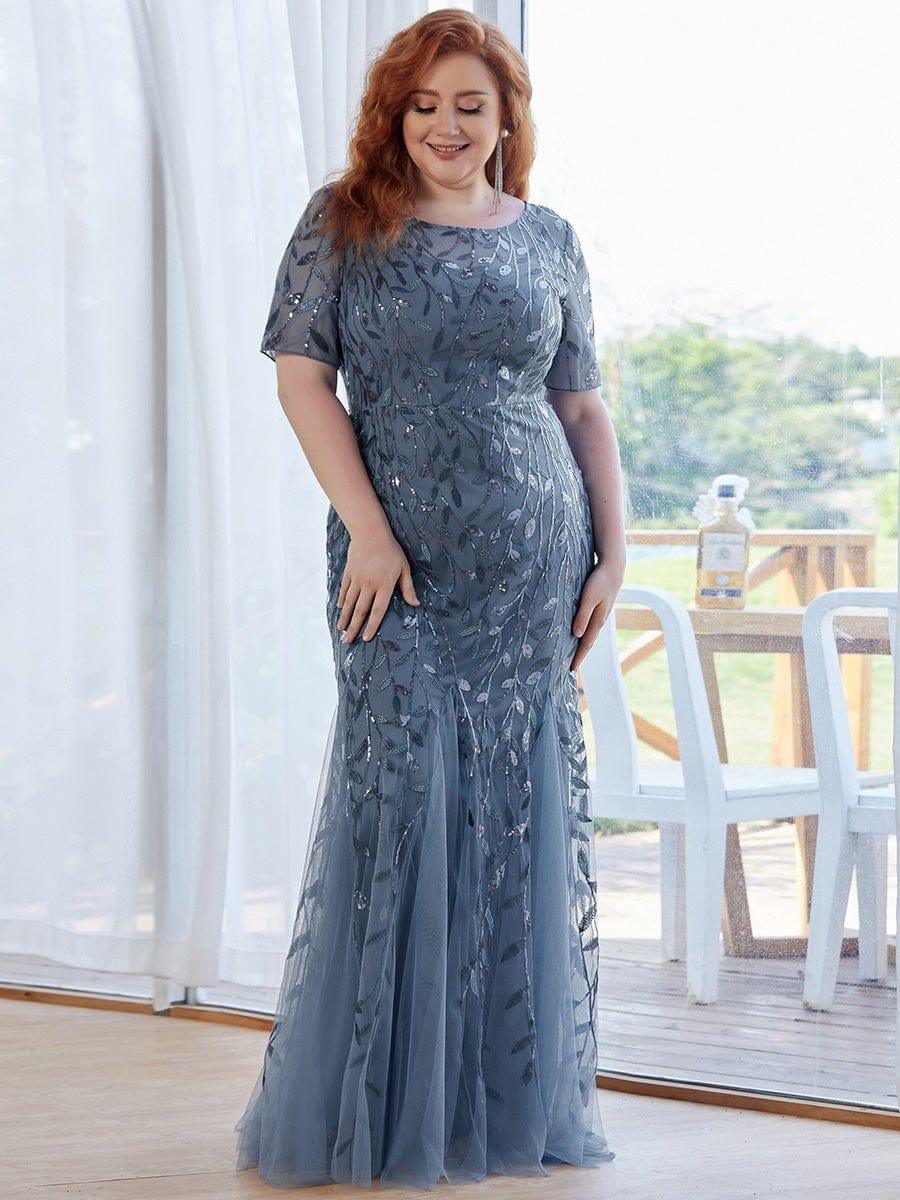 Plus Size Sequin Leaf Long Mermaid Tulle Prom Dress #color_Dusty Blue