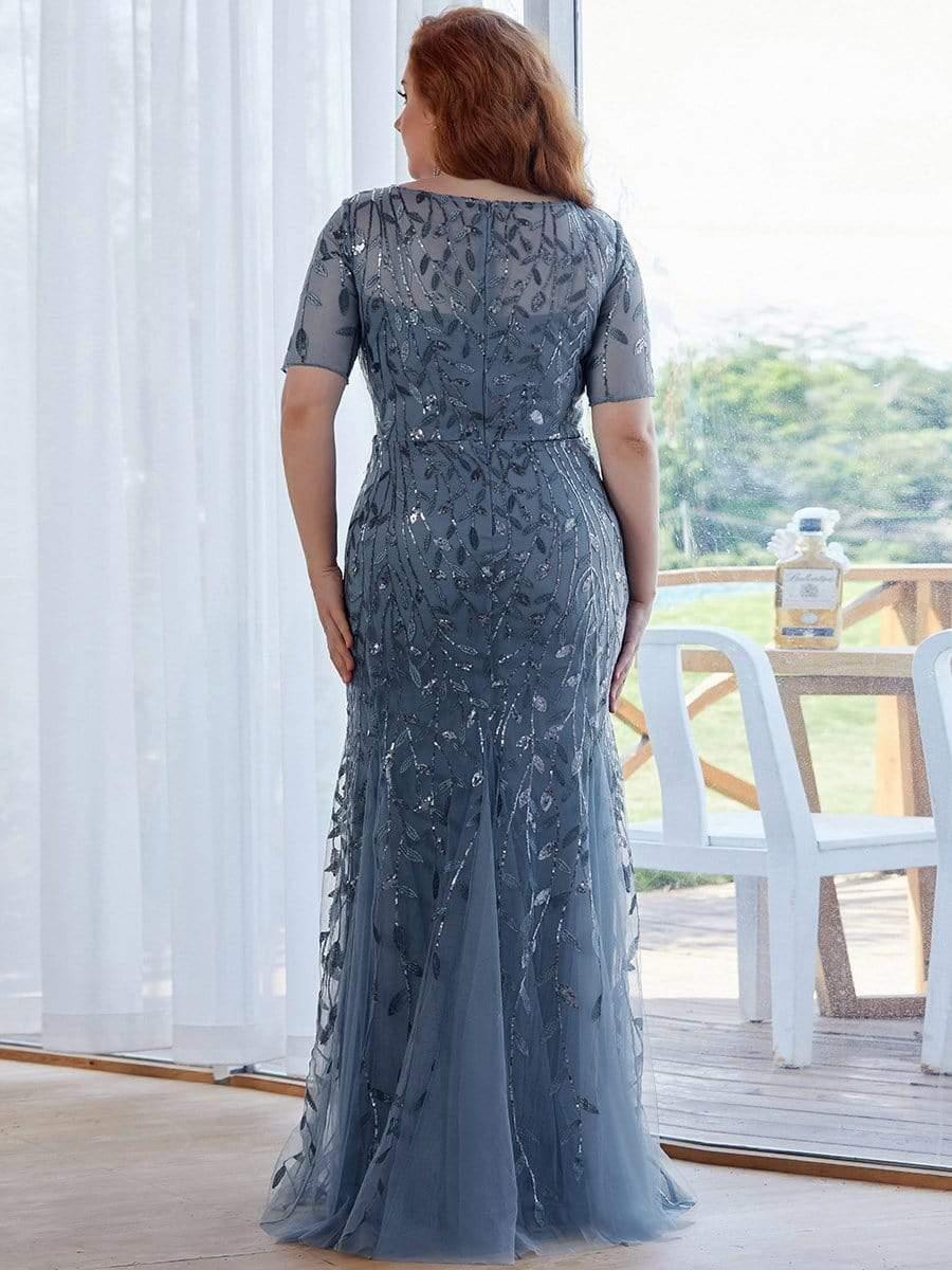Plus Size Sequin Leaf Long Mermaid Tulle Prom Dress #color_Dusty Blue