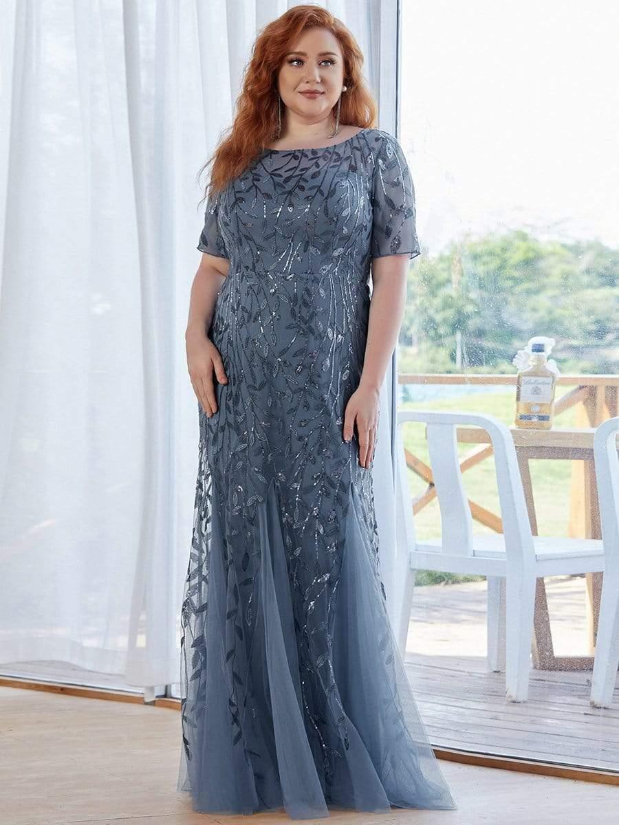 Plus Size Sequin Leaf Long Mermaid Tulle Prom Dress #color_Dusty Blue