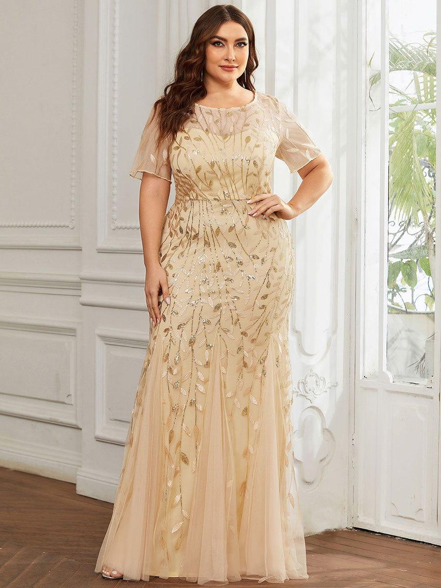 Plus Size Sequin Leaf Long Mermaid Tulle Prom Dress #color_Gold