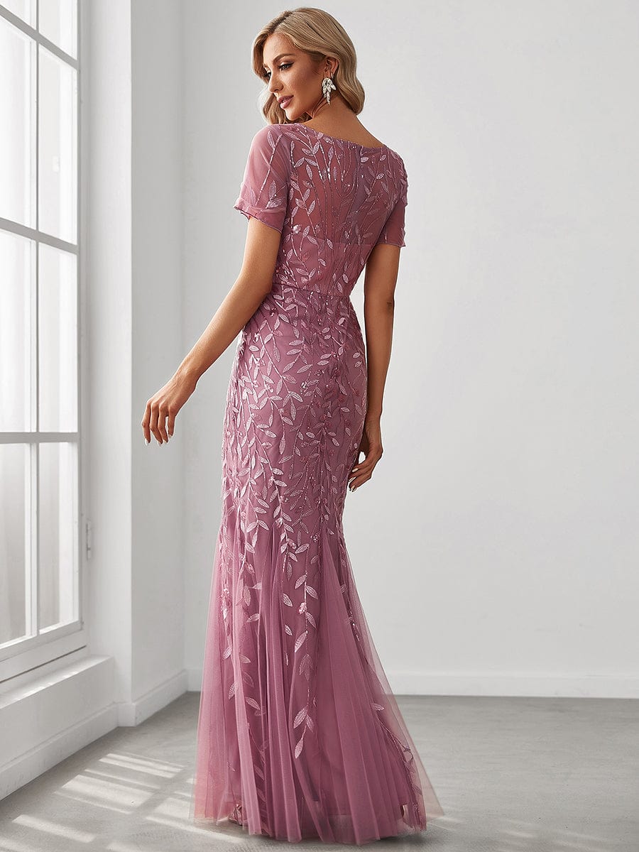 Sequin Leaf Maxi Long Fishtail Tulle Prom Dress With Half Sleeve #color_Purple Orchid