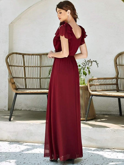 Maxi Long Chiffon Evening Dress for Women with Ruffles Sleeves #color_Burgundy